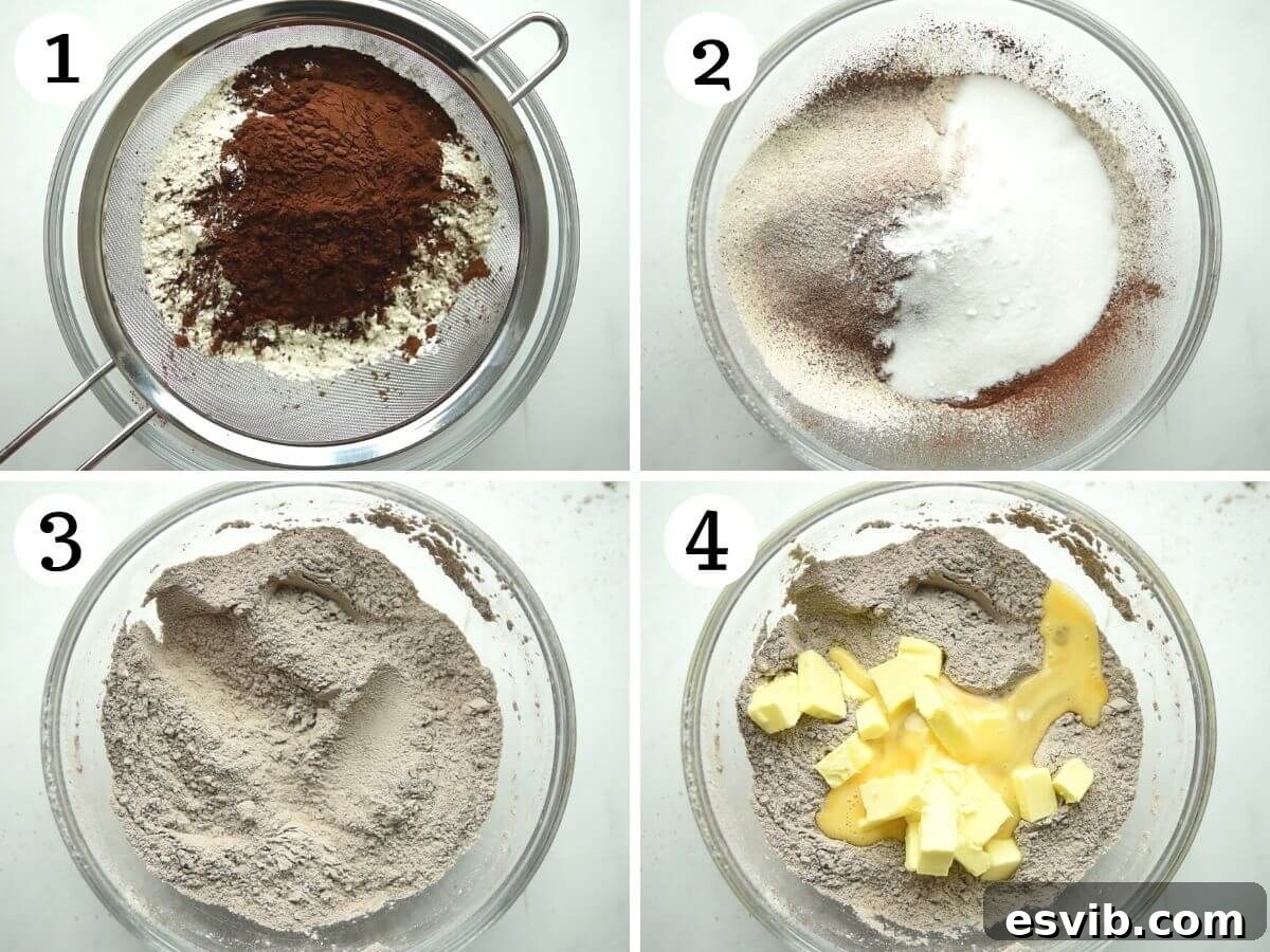 Step by step photos showing how to prepare chocolate shortcrust pastry
