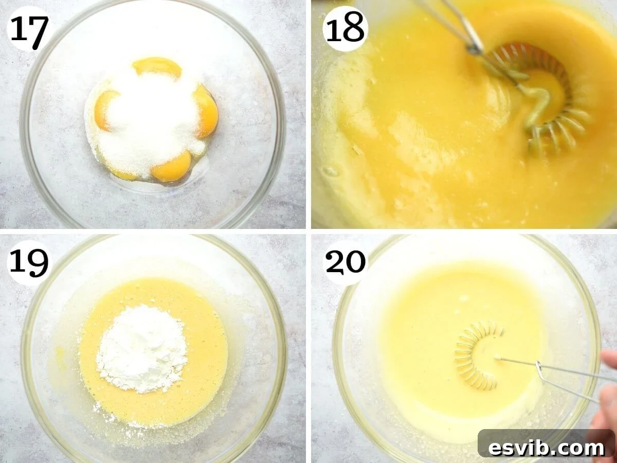 Step by step photos showing how to whisk egg yolks with sugar and cornstarch
