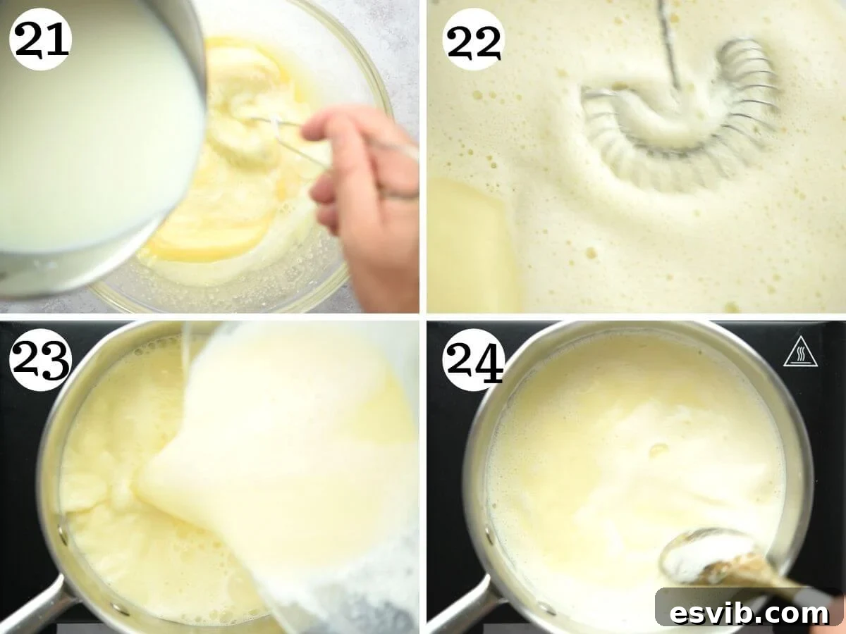 Step by step photos showing how to temper eggs with milk