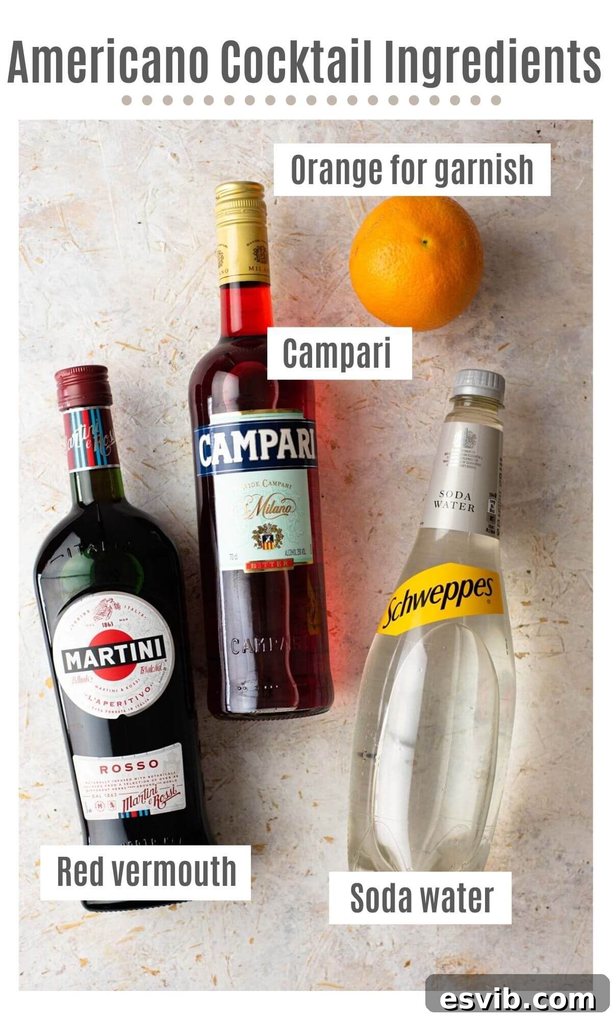 Effervescent Italian Aperitivo 3 An overhead shot showing all the ingredients you need to make an Americano cocktail