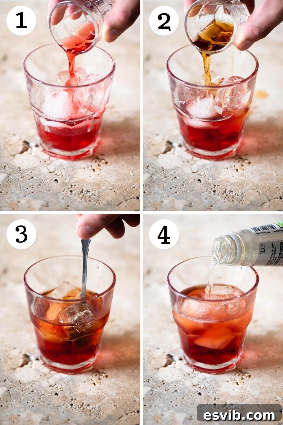 Effervescent Italian Aperitivo 4 Step by step photos showing how to make an Americano cocktail