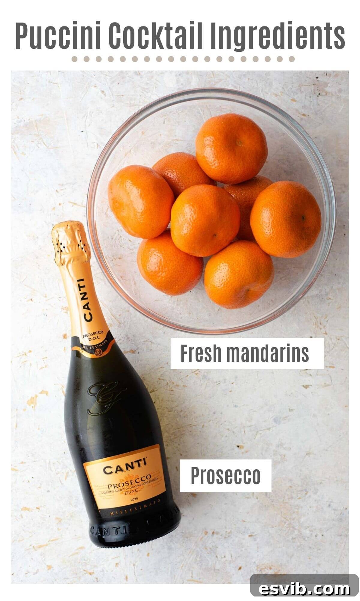 An overhead shot of all the fresh ingredients needed to make a Puccini cocktail, including mandarins and a bottle of Prosecco.