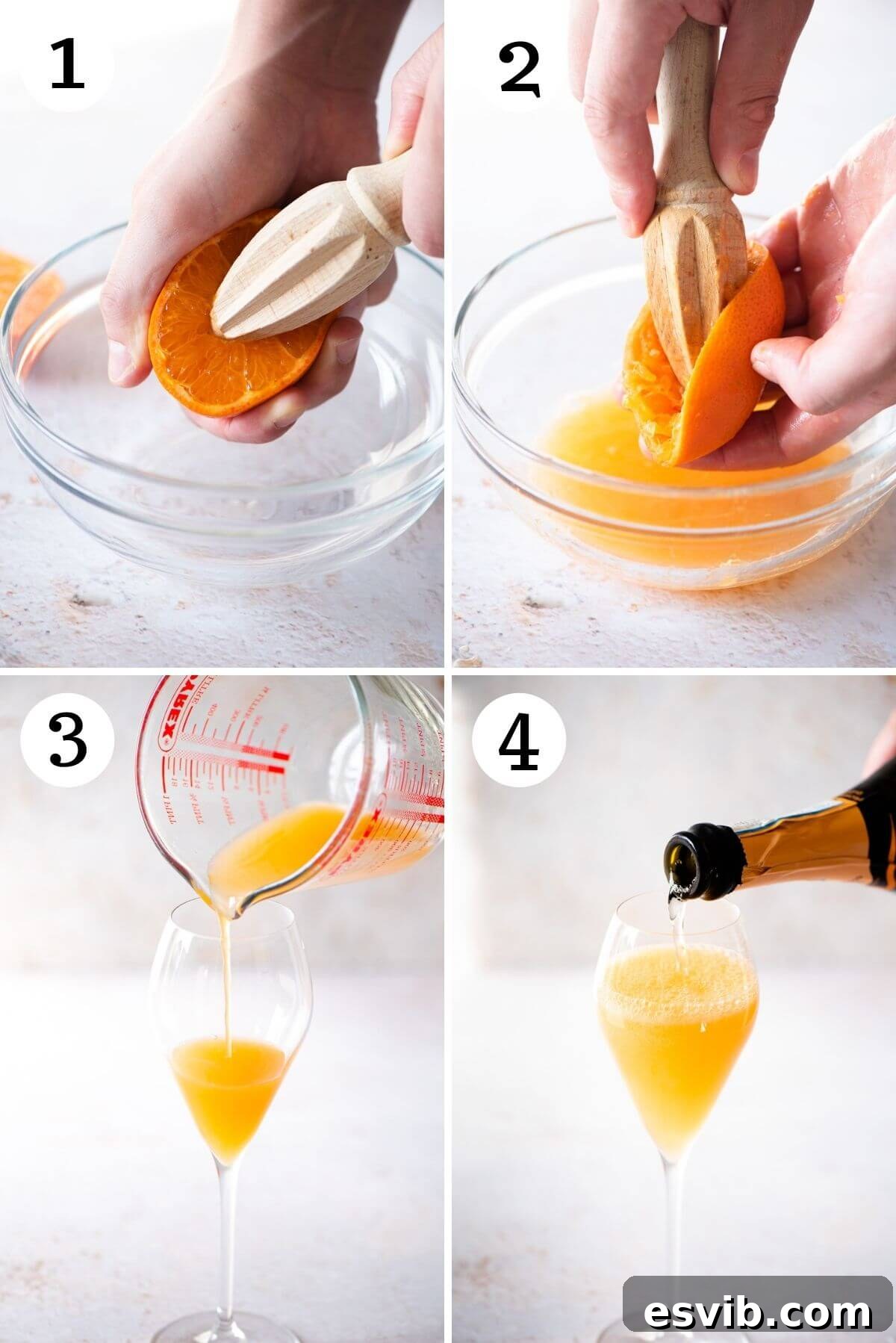 Step by step photos showing how to juice mandarins and strain the juice for a Puccini cocktail.
