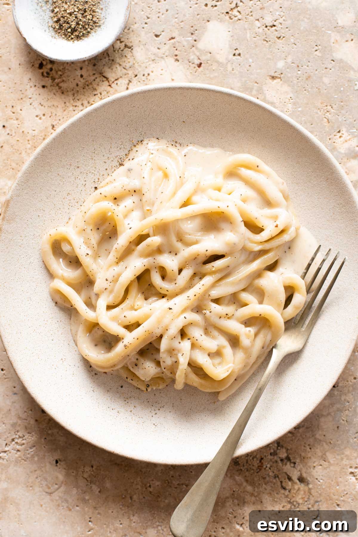 Classic Pici Cacio e Pepe 2 An overhead shot of pici pasta with cacio e pepe sauce on a plate, garnished with fresh pepper and a hint of cheese.