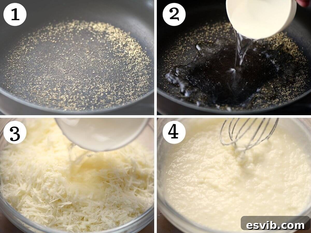 Classic Pici Cacio e Pepe 4 Step by step photo 1: Freshly ground black pepper lightly toasting in a dry pan. Step by step photo 2: Adding a measured amount of starchy pasta water to the fragrant toasted pepper in the pan.