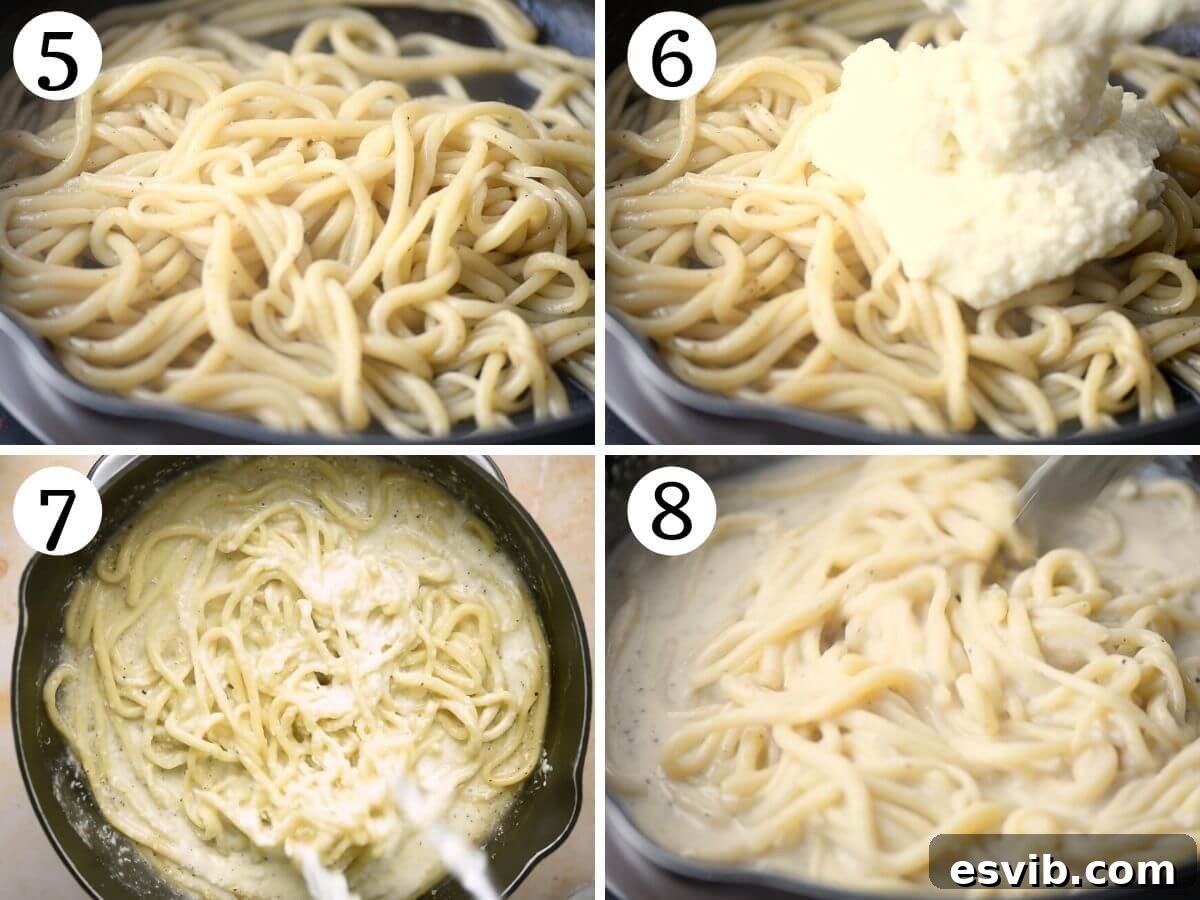Classic Pici Cacio e Pepe 5 Step by step photo 3: Carefully adding small amounts of hot pasta water to the grated Pecorino Romano cheese. Step by step photo 4: Vigorously stirring the Pecorino and pasta water to create a thick, creamy paste.