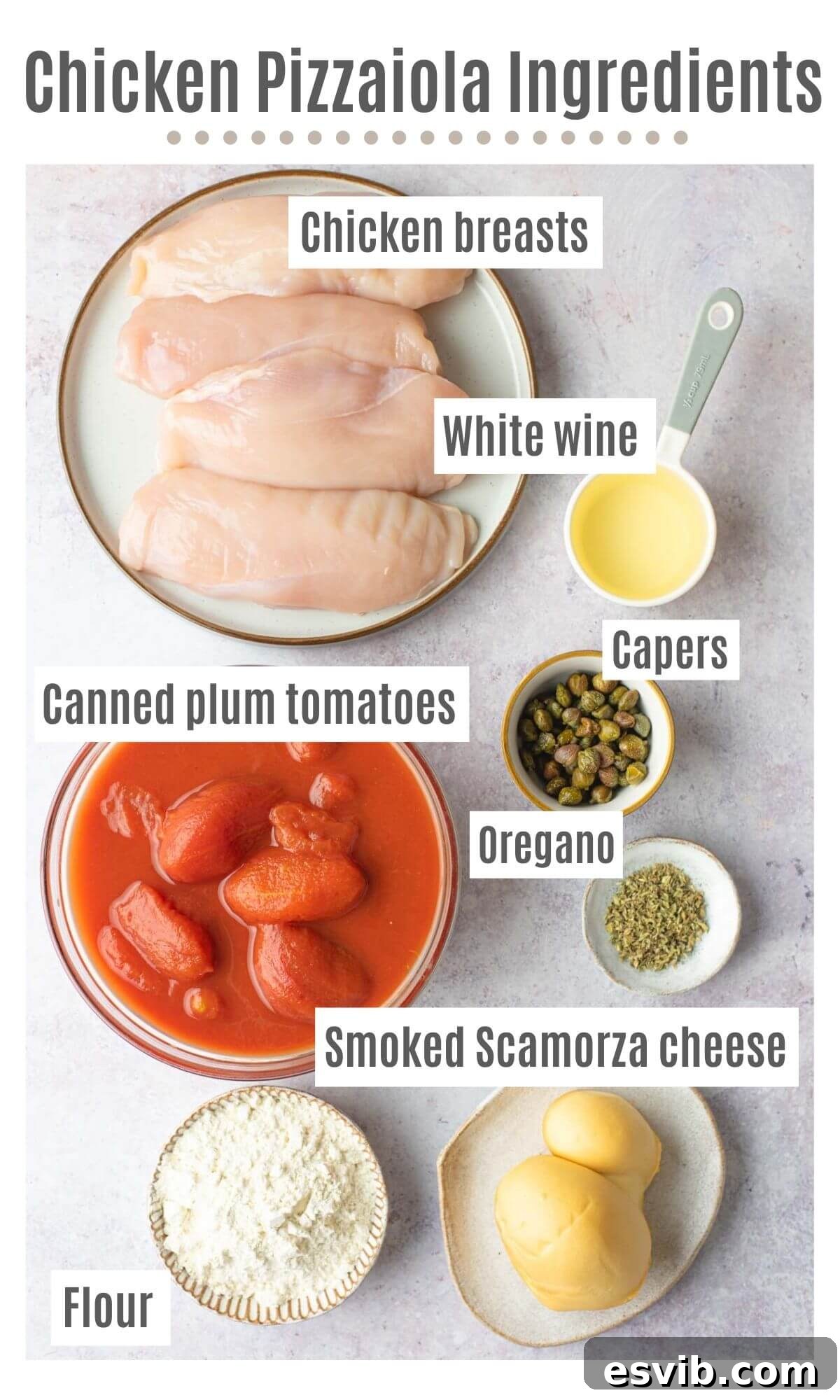 Smoky Scamorza Chicken Pizzaiola 3 An overhead shot of all the fresh and canned ingredients needed to prepare homemade chicken pizzaiola
