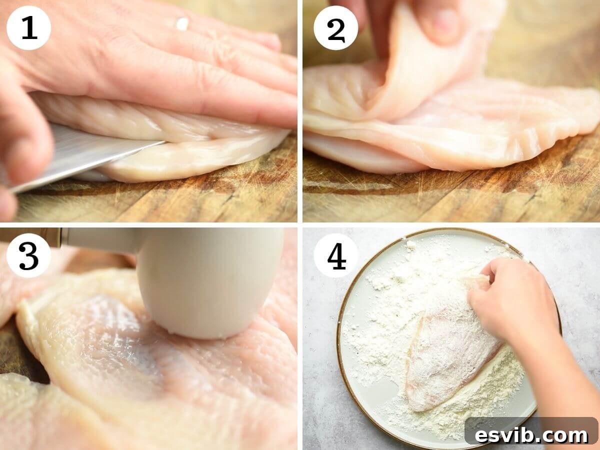Smoky Scamorza Chicken Pizzaiola 4 Step by step photos showing how to cut chicken breasts into cutlets and dredge them in flour for chicken pizzaiola