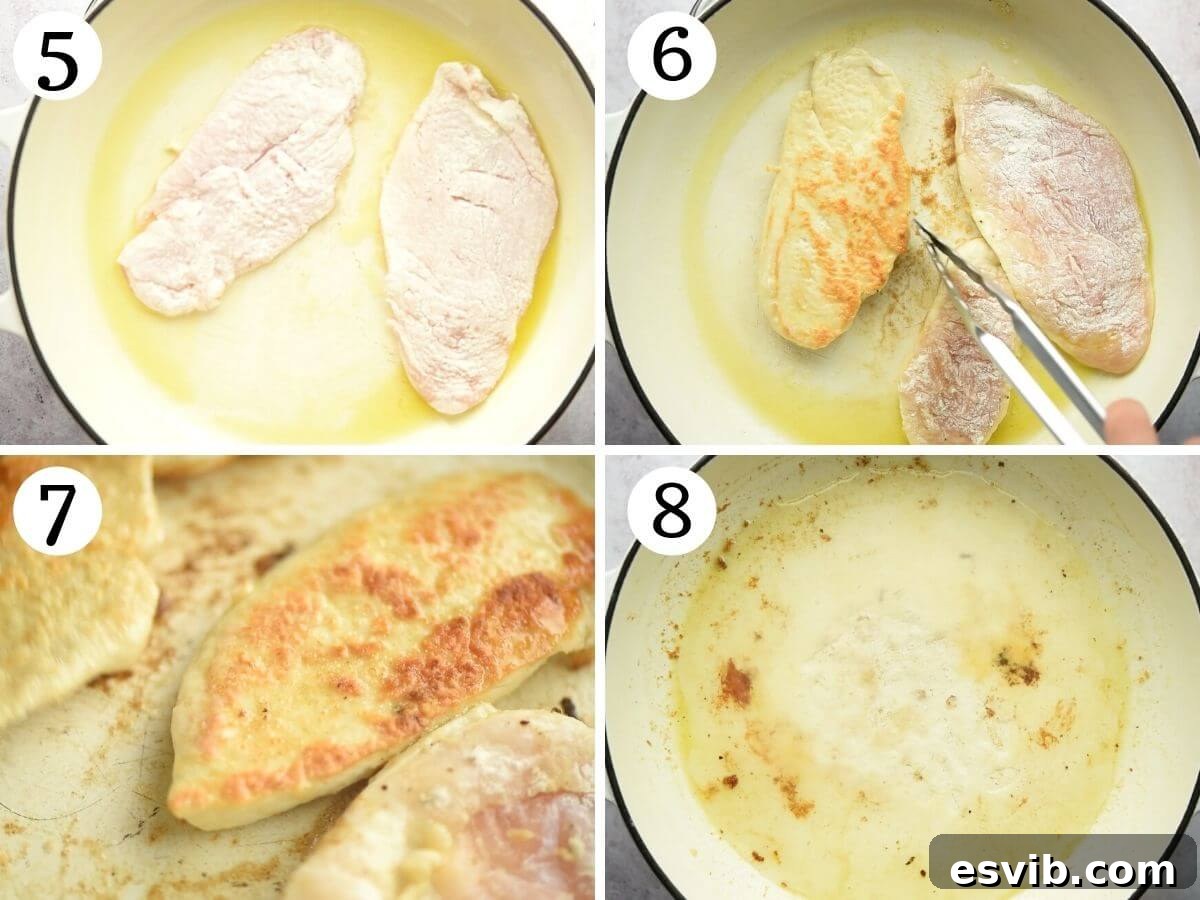 Smoky Scamorza Chicken Pizzaiola 5 Step by step photos showing how to fry chicken cutlets until golden brown