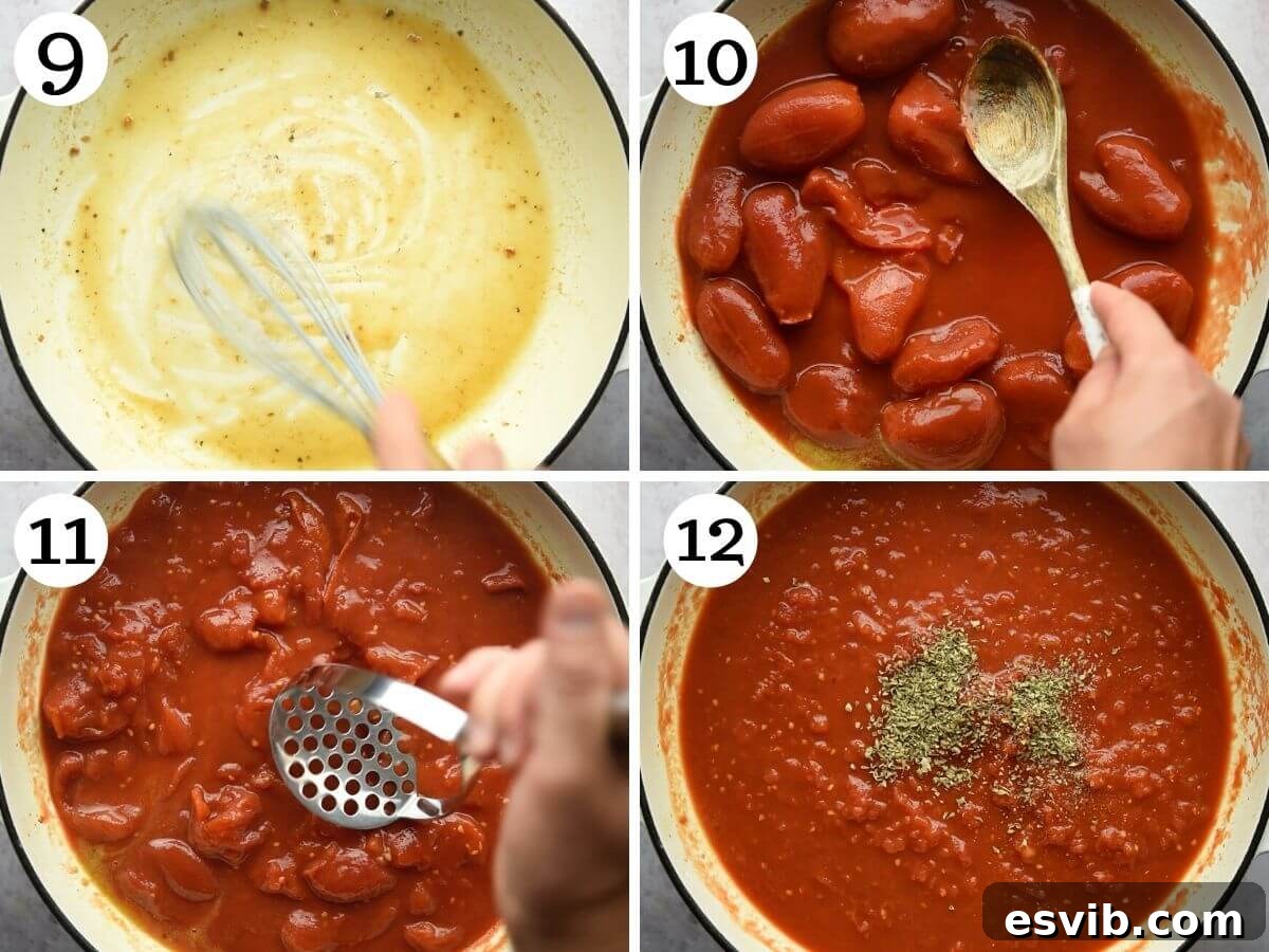 Smoky Scamorza Chicken Pizzaiola 6 Step by step photos showing the process of making the flavorful pizzaiola tomato sauce