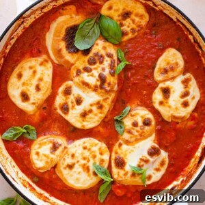 Smoky Scamorza Chicken Pizzaiola 9 An overhead shot of chicken pizzaiola in a pan topped with melted cheese, ready to be served.