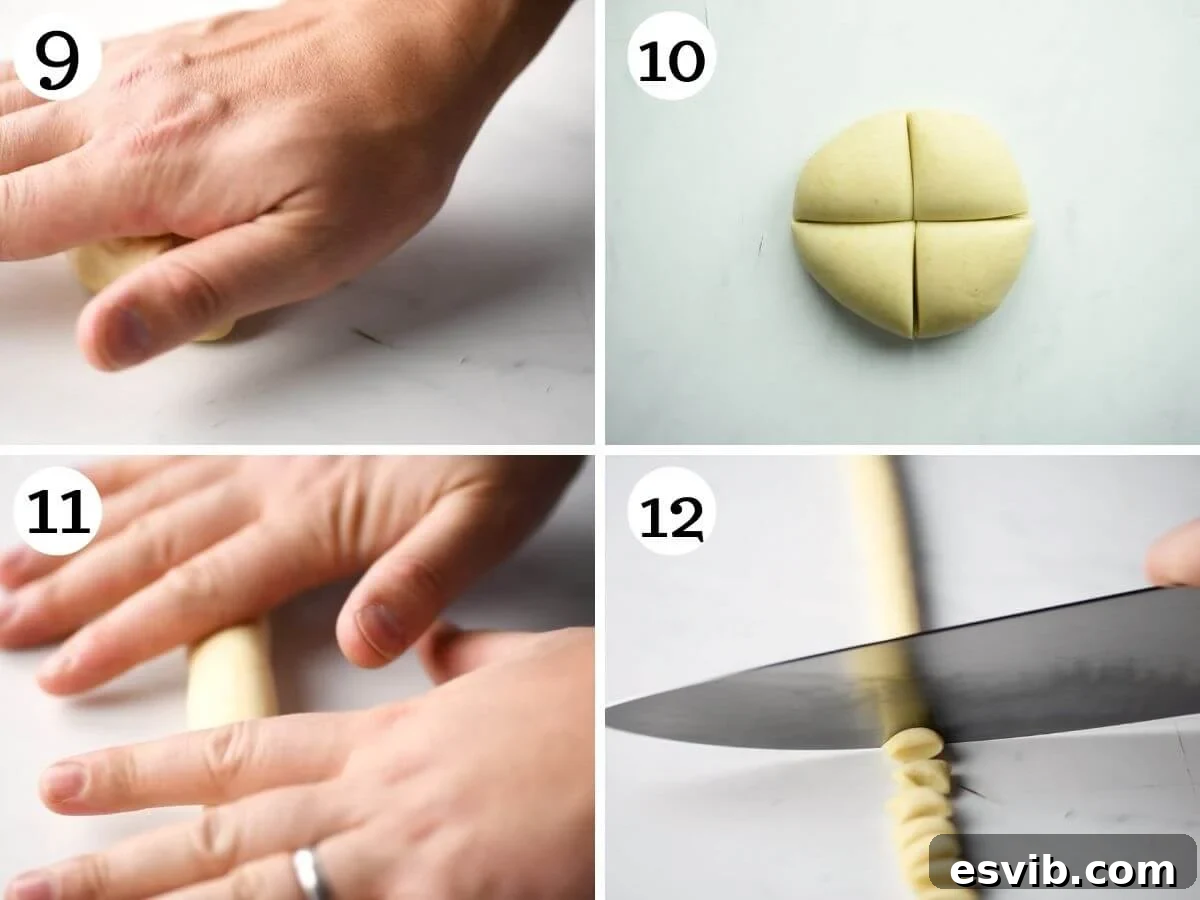Step by step photos showing how to roll out and cut gnocchietti sardi pasta