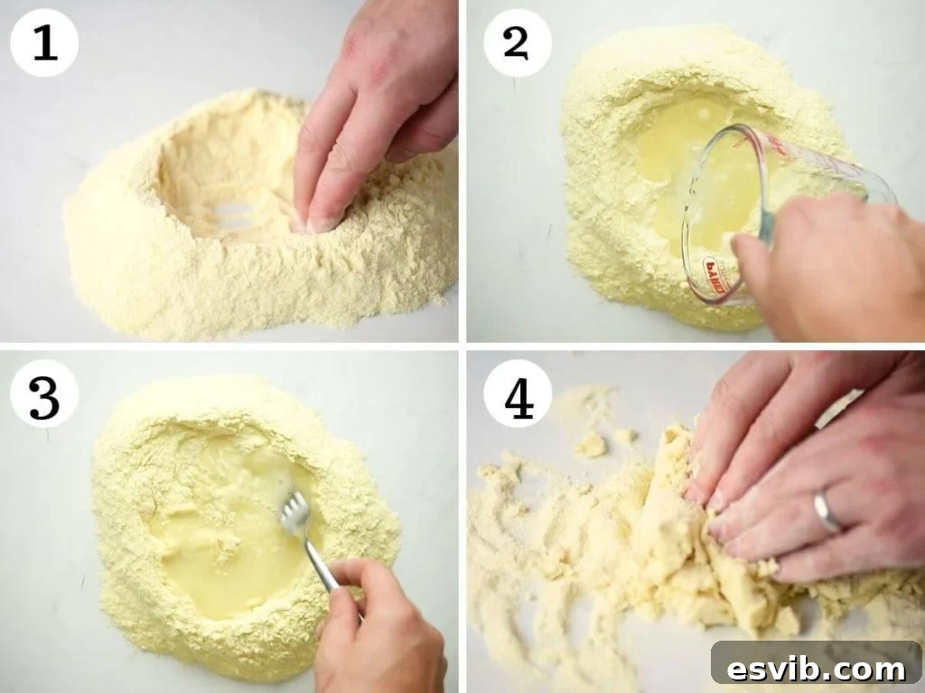 Step-by-step visual guide showing how to mix semolina flour and water to form a smooth pasta dough.