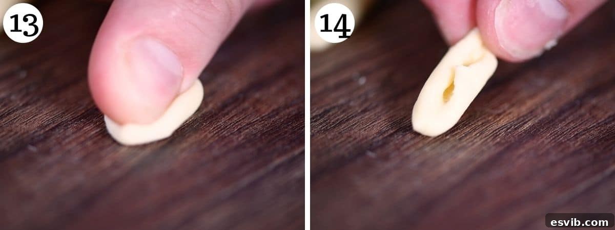 Two detailed photos demonstrating the hand-shaping technique for cavatelli pasta on a wooden board.