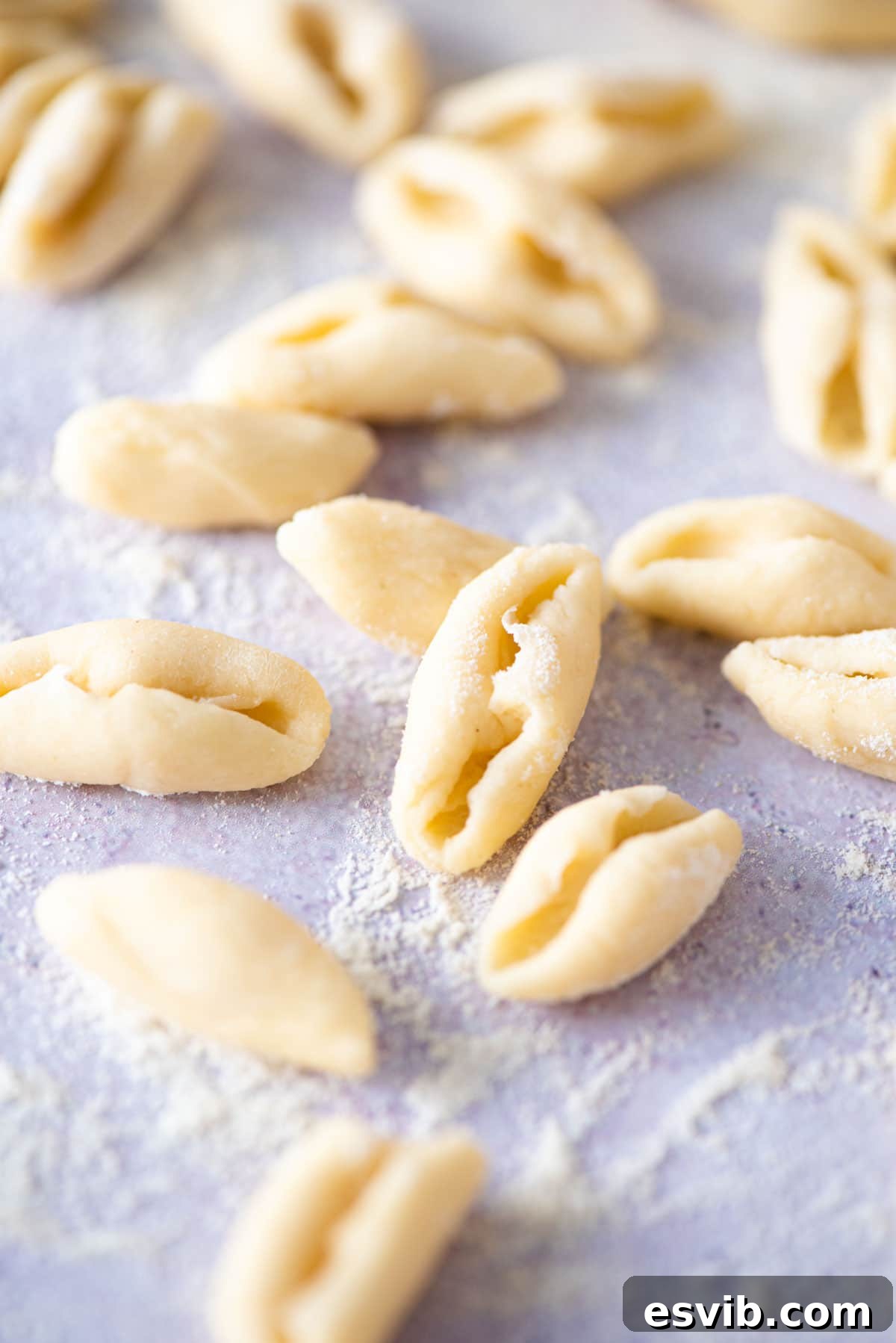 A close-up shot of perfectly formed fresh cavatelli pasta on a rustic blue work surface, highlighting their texture and shape.