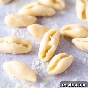 A close up of fresh cavatelli pasta on a blue work surface