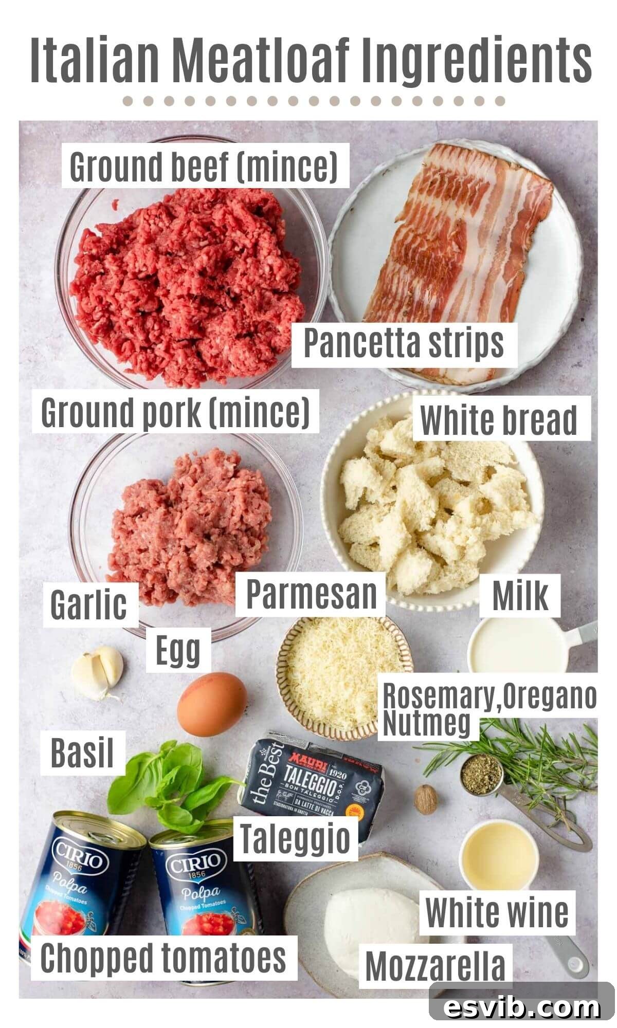 Crispy Pancetta Italian Meatloaf 3 An overhead shot showcasing all the fresh and high-quality ingredients required to make an authentic Italian meatloaf.