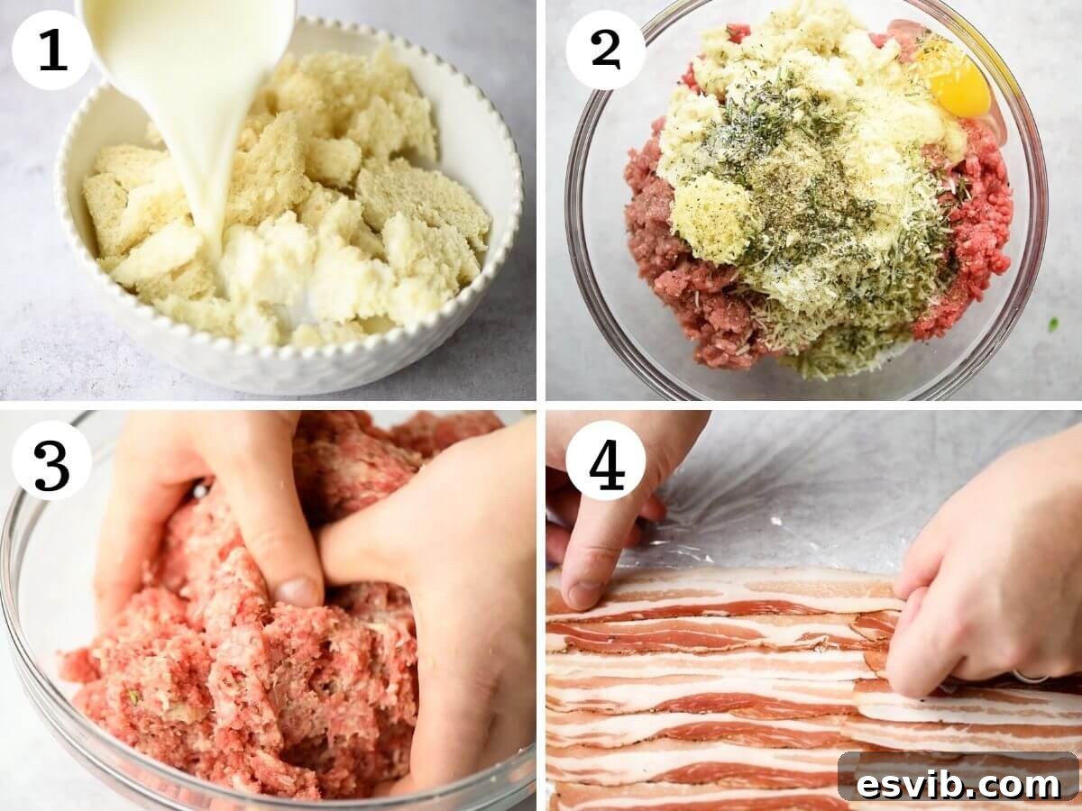 Crispy Pancetta Italian Meatloaf 4 Step by step photo showing how to form and stuff an Italian meatloaf with cheese.