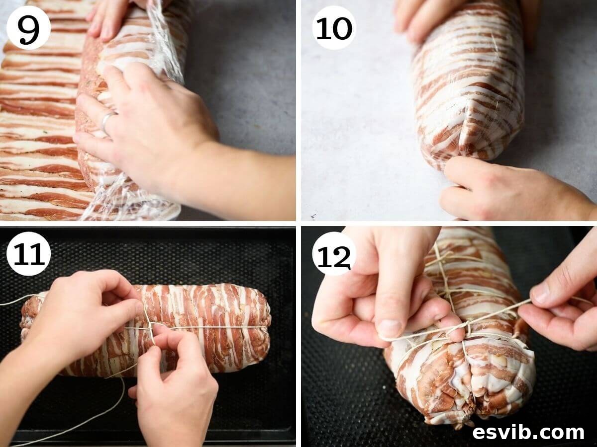Crispy Pancetta Italian Meatloaf 6 Step by step photos demonstrating how to wrap and tie an Italian meatloaf for baking.
