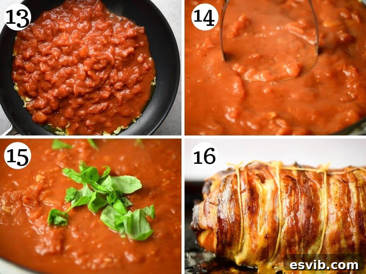 Crispy Pancetta Italian Meatloaf 7 Step by step photos illustrating the process of making a simple yet delicious tomato sauce for meatloaf.