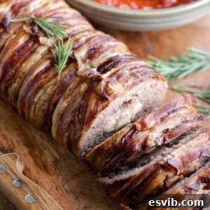 Crispy Pancetta Italian Meatloaf 9 A close up of an Italian meatloaf wrapped in pancetta and stuffed with cheese
