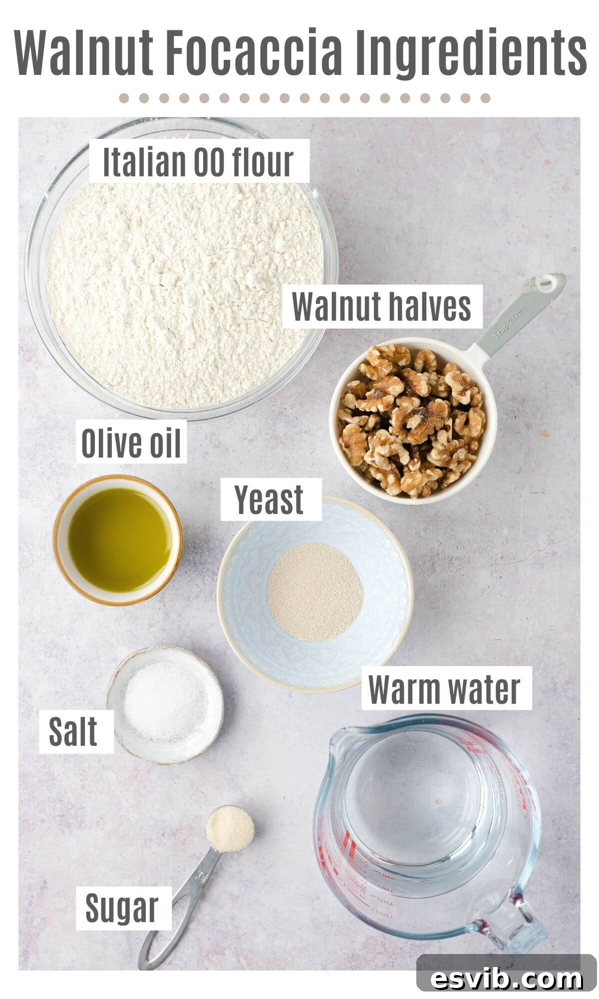 An overhead shot showcasing all the fresh ingredients needed to prepare a walnut focaccia