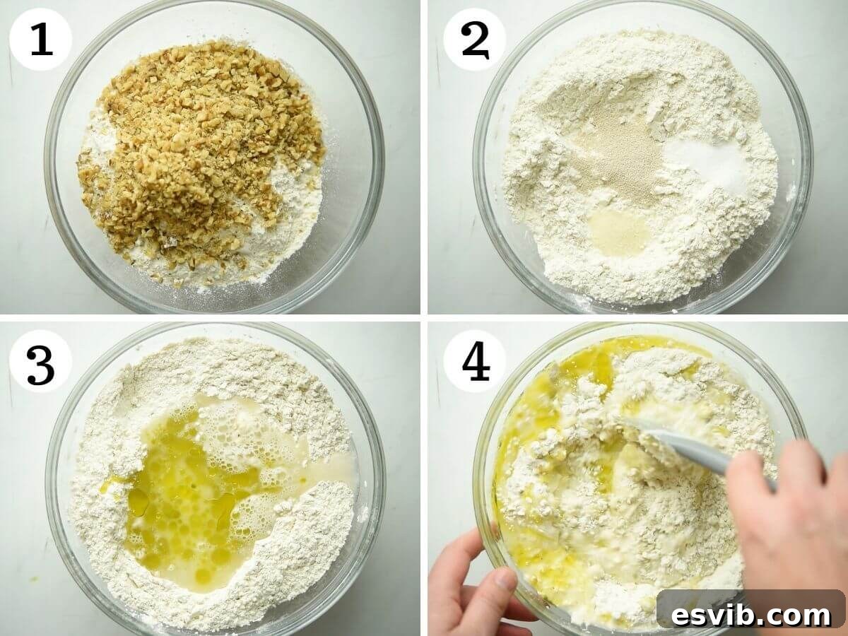 Step by step photos illustrating the process of preparing walnut focaccia dough