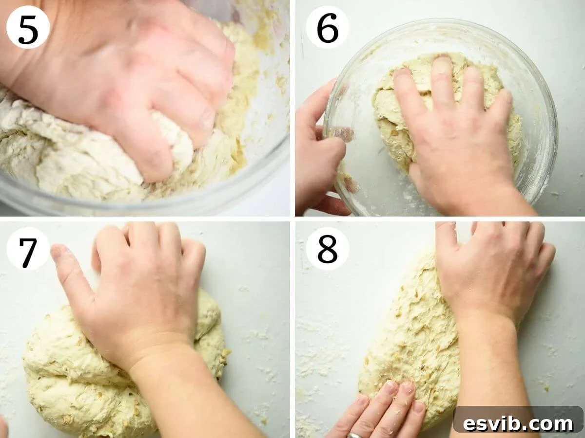 Step by step photos guiding through the kneading process of focaccia dough