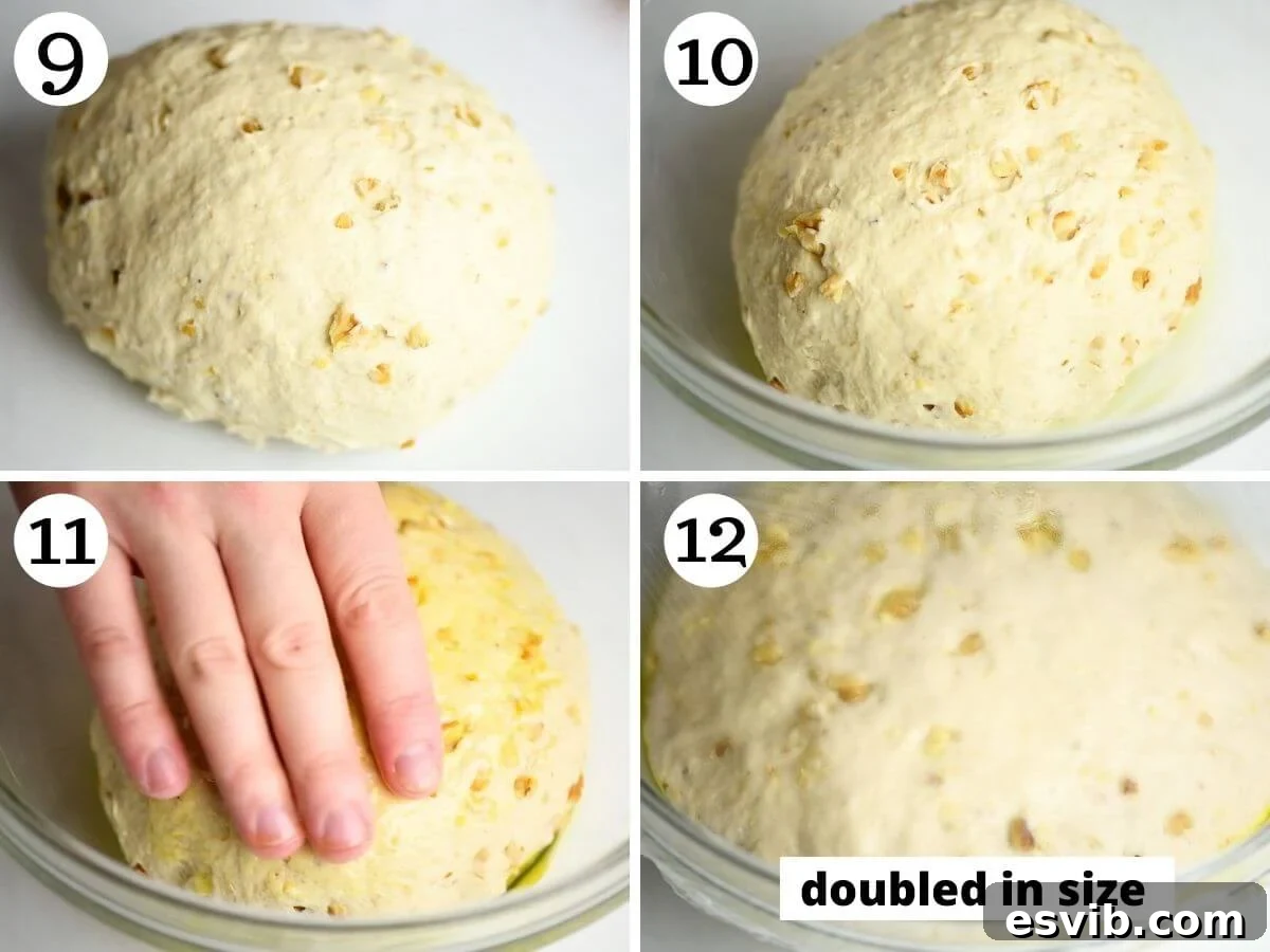 Step by step photos showing focaccia dough transformation before and after the first proofing