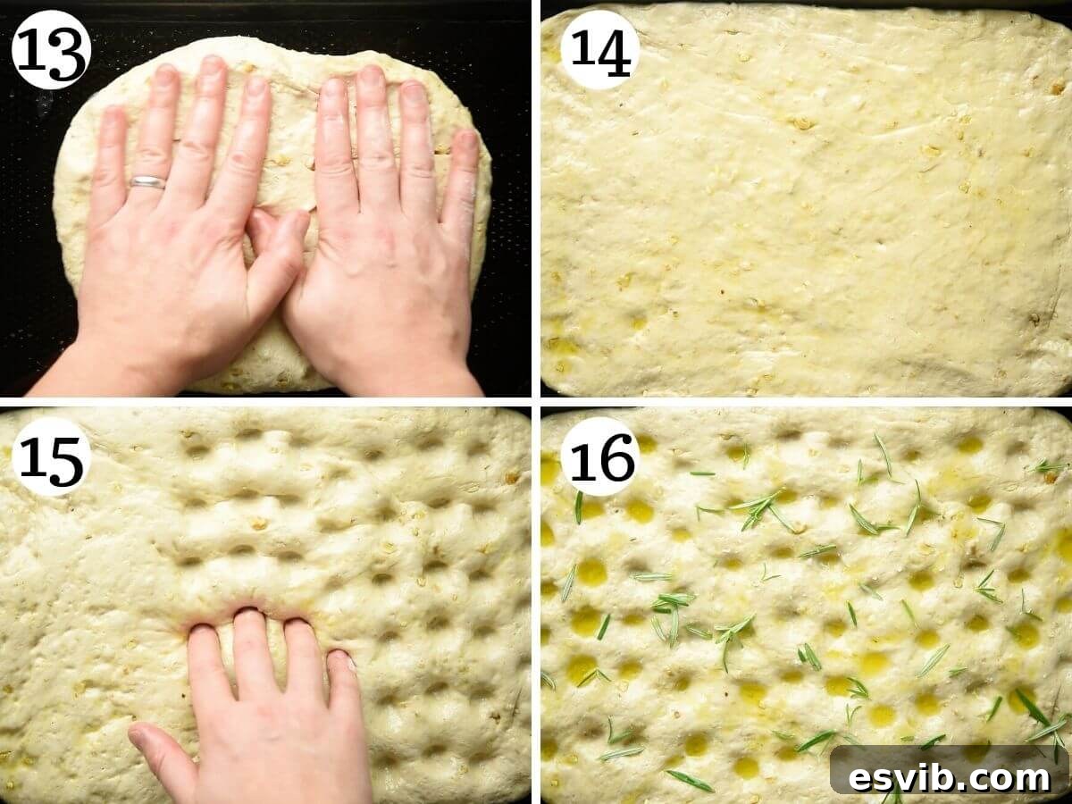 Step by step photos demonstrating how to shape the focaccia on a baking tray