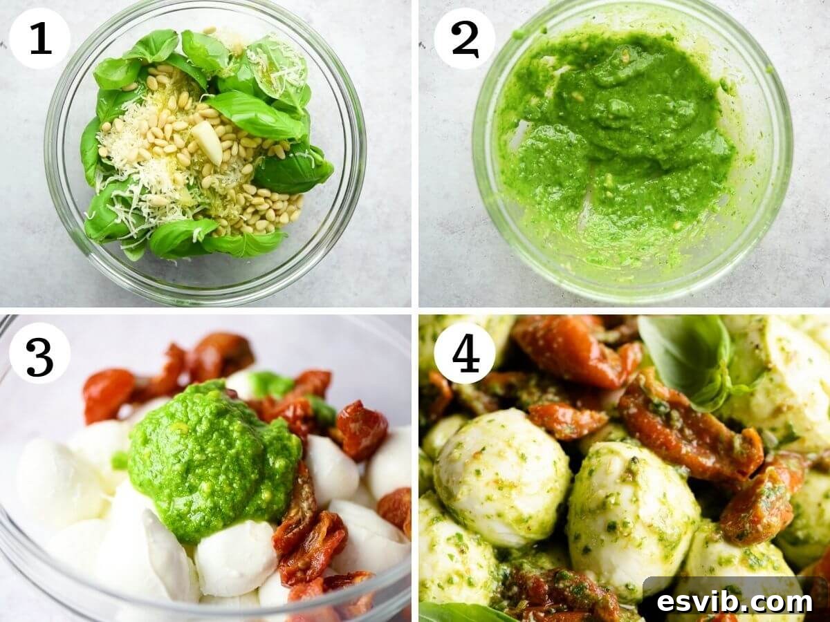A series of step-by-step photos illustrating the process of preparing mozzarella bocconcini with homemade basil pesto, from ingredients to final toss.