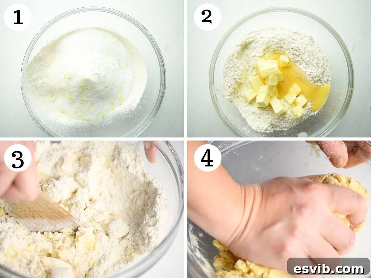 Step-by-step photos illustrating how to prepare the dough for the apple crostata