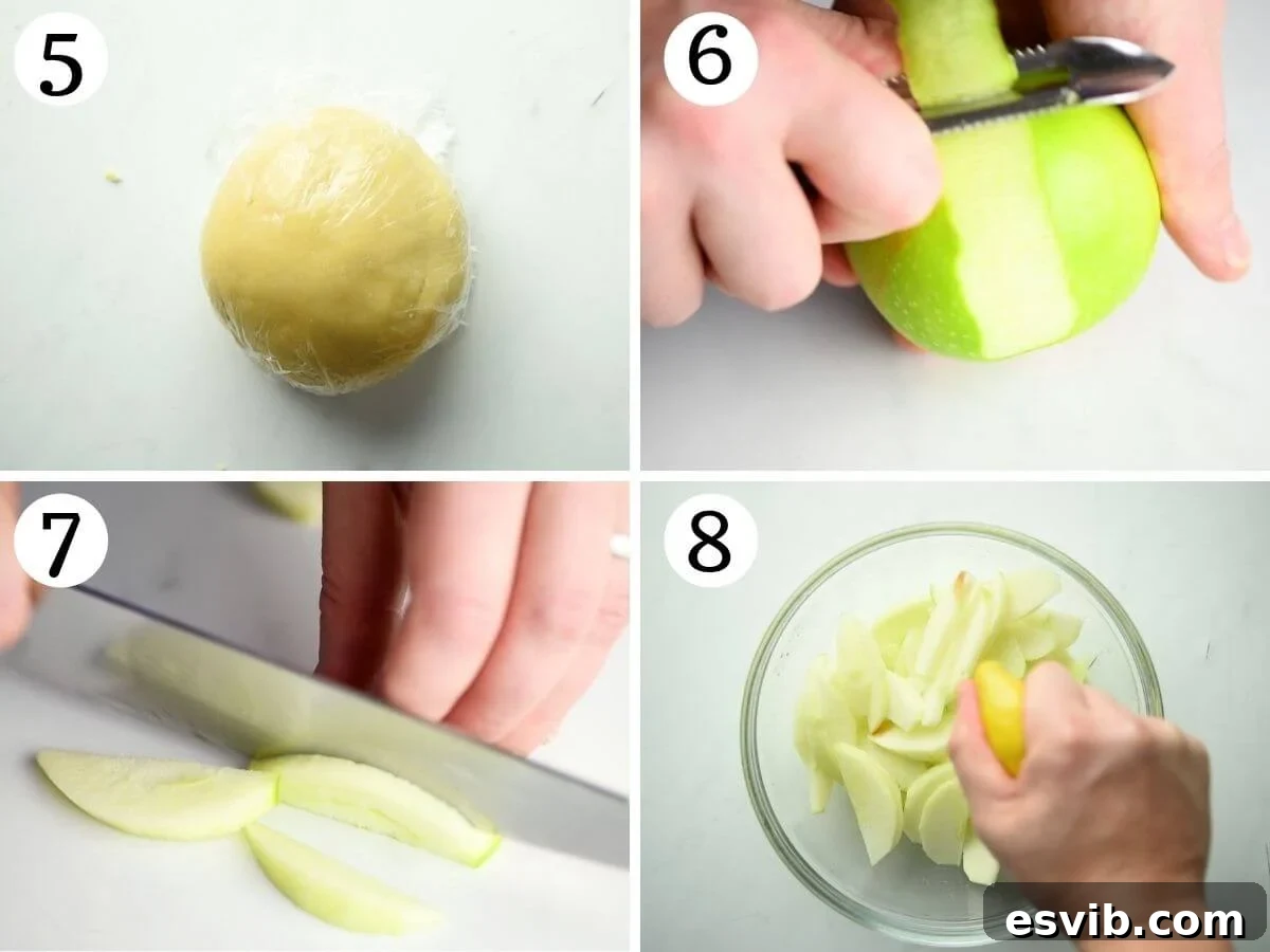 Step-by-step photos illustrating the process of peeling and slicing apples, ready for the crostata filling