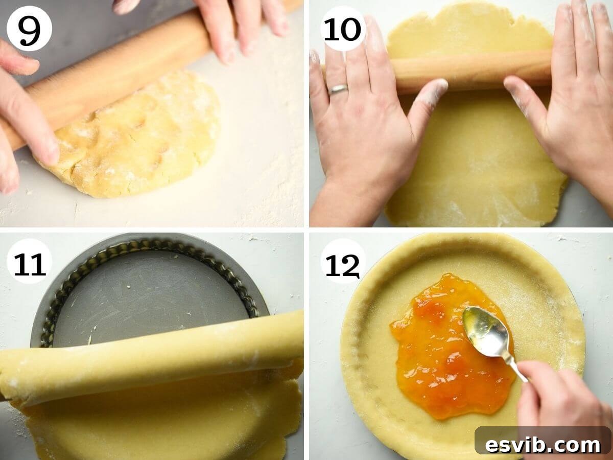 Step-by-step photos demonstrating how to roll out the pastry dough into a circular shape