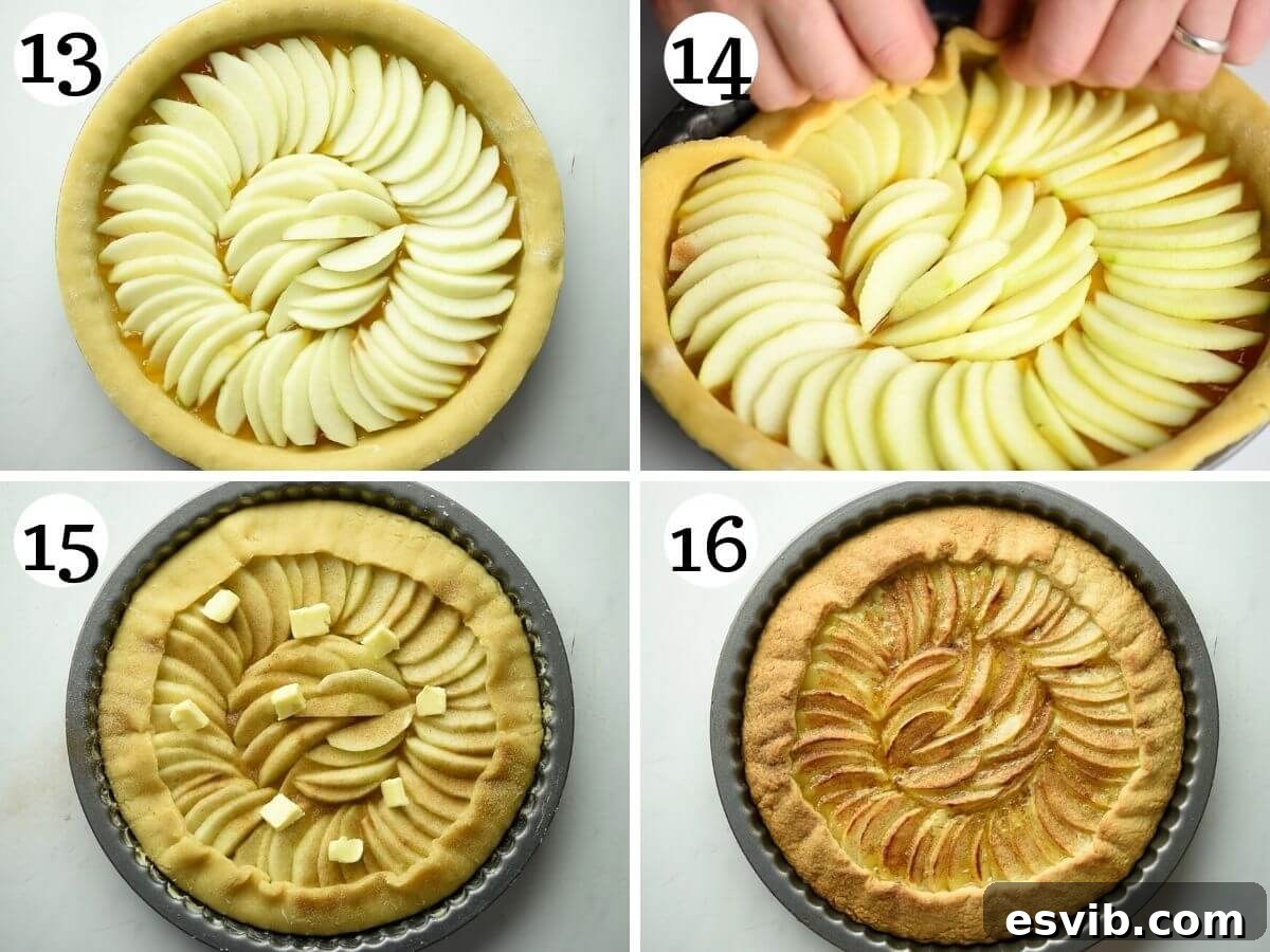 Step-by-step photos showing the assembly and baking process of an apple crostata