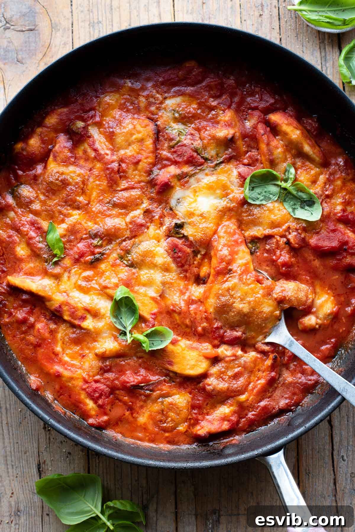 Sorrento's Signature Chicken 2 An overhead shot of a skillet with chicken baked in tomato sauce and topped with mozzarella, ready to serve.