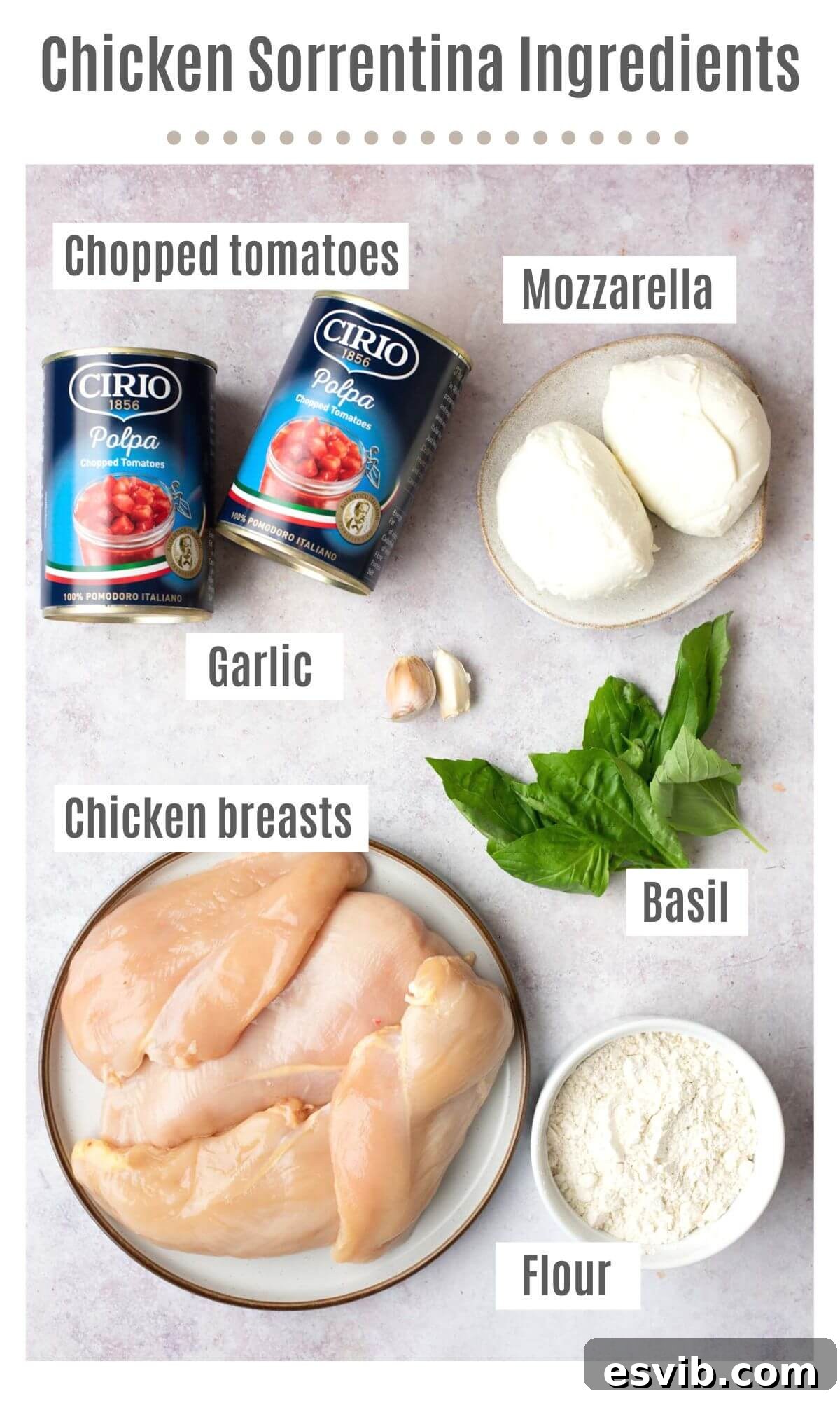 Sorrento's Signature Chicken 3 An overhead shot of all the fresh, high-quality ingredients needed to make homemade chicken sorrentina, including chicken breasts, tomatoes, mozzarella, basil, garlic, and olive oil.