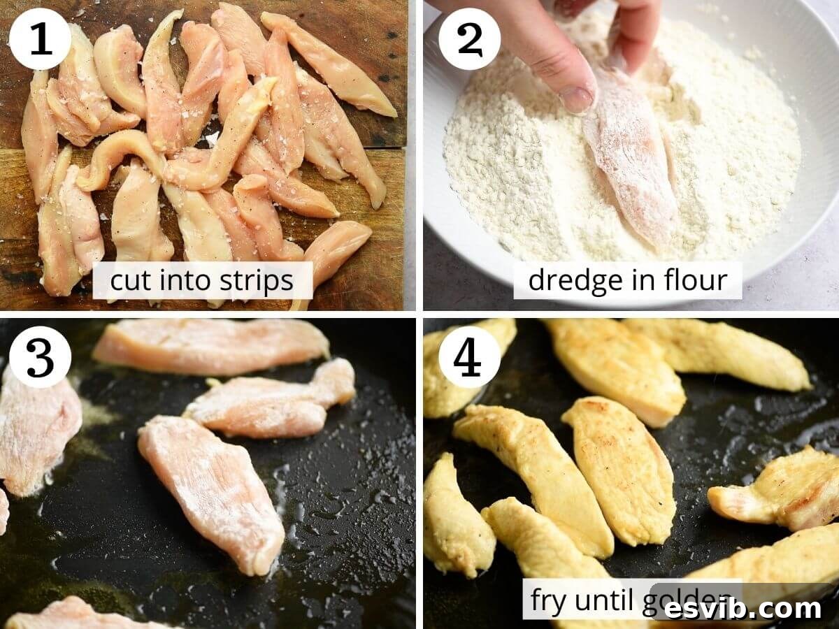 Sorrento's Signature Chicken 4 Step-by-step photos showing how to prepare chicken breasts, dredge them in flour, and brown them in a pan for chicken sorrentina.