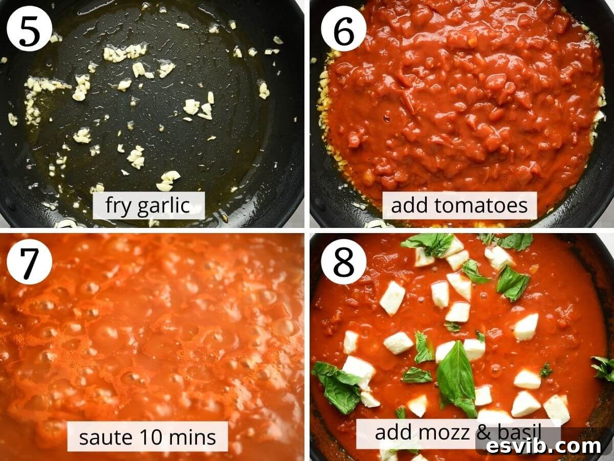 Sorrento's Signature Chicken 5 Step-by-step photos illustrating how to prepare the flavorful sorrento-style tomato and basil sauce for chicken sorrentina.
