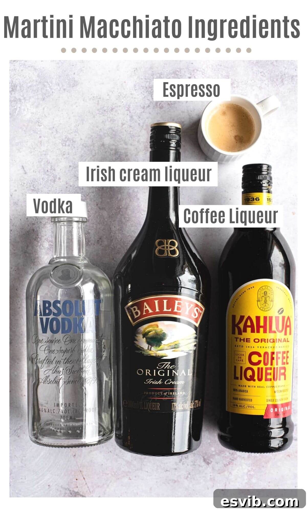 An overhead shot showcasing all the essential ingredients laid out neatly for making a Martini Macchiato cocktail.