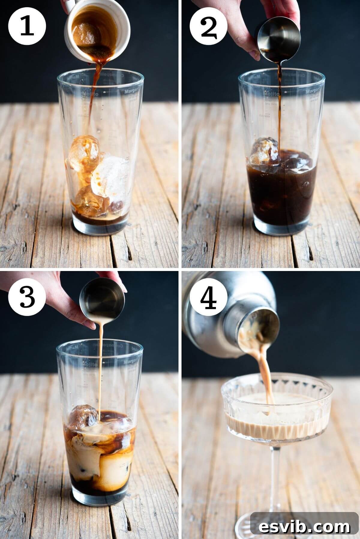 Step by step photos showing how to make a martini macchiato cocktail, from adding ingredients to shaking.