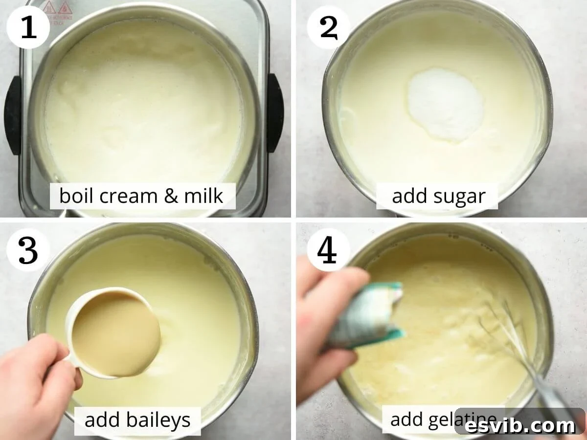 Bailey's Velvet Panna Cotta 4 Step-by-step photo showing milk, cream, and vanilla heating in a pot, just beginning to boil.