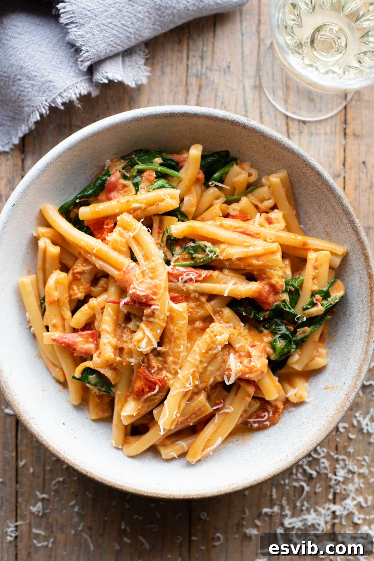 An overhead shot of creamy Nduja pasta in a bowl sitting on a rustic wooden surface, garnished with fresh basil