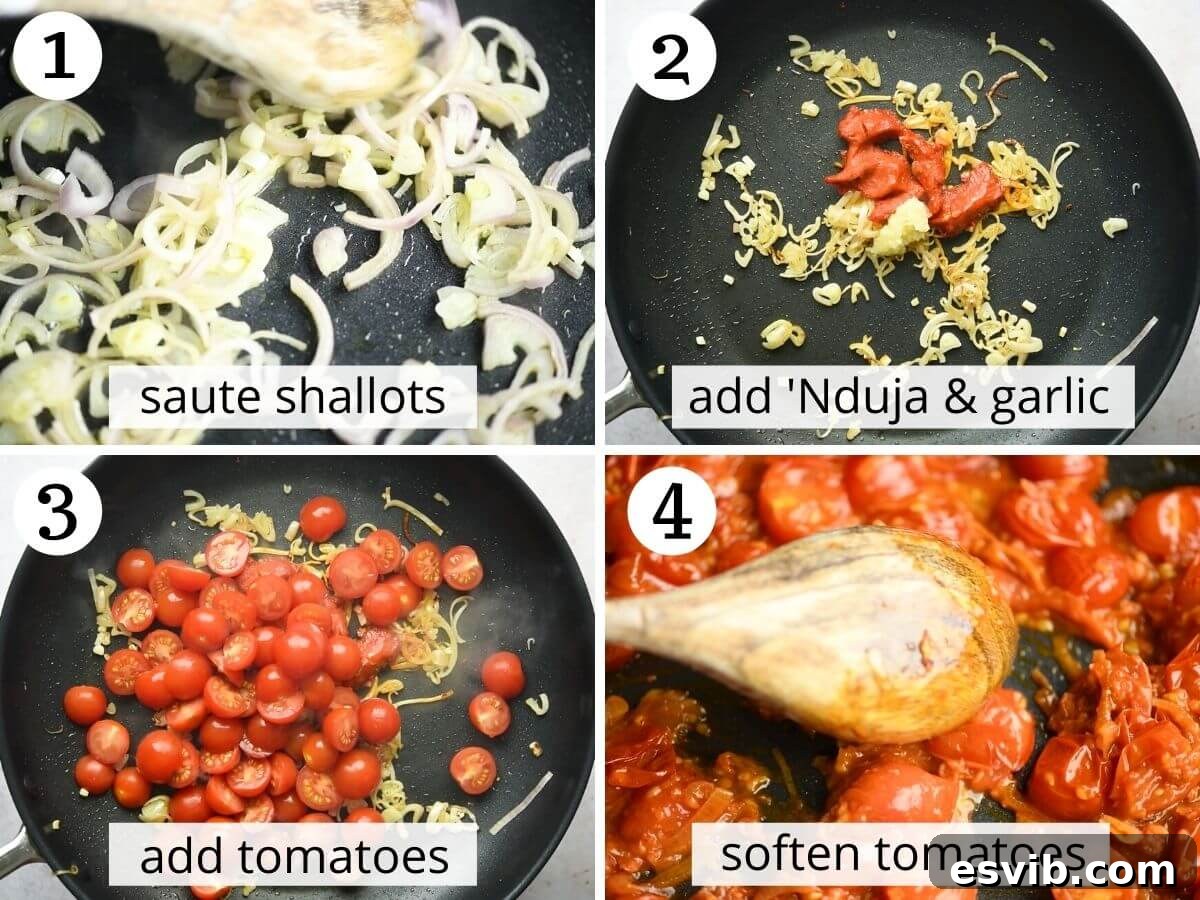 Step by step photos showing how to saute shallots, Nduja and tomatoes until softened and aromatic