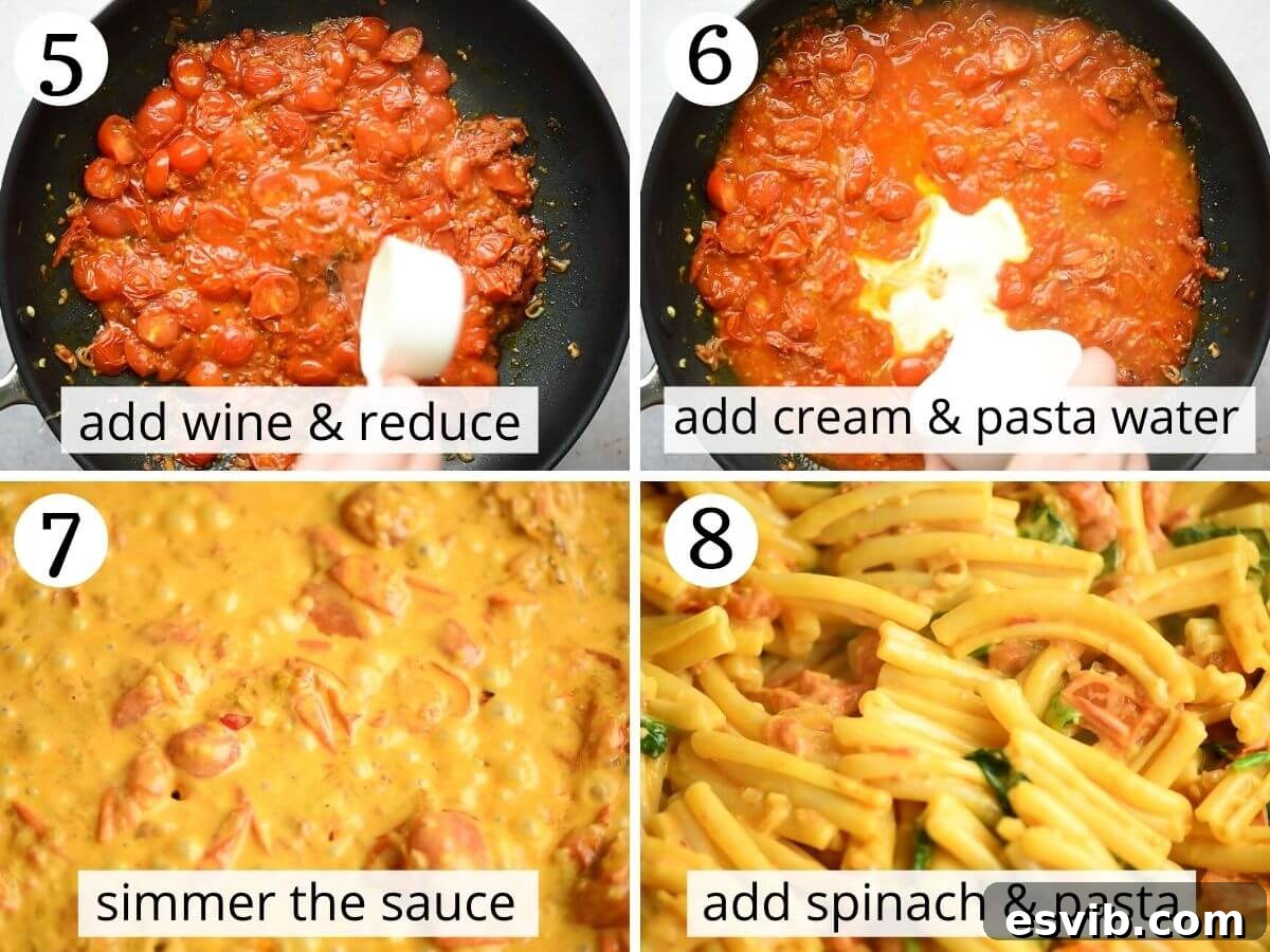 Step by step photos showing how to add cream, pasta water, cooked pasta, and spinach to make creamy Nduja pasta sauce