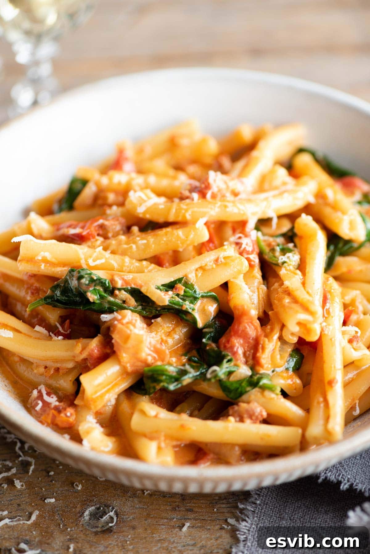 A close up of pasta with Nduja sauce, spinach and tomatoes, with parmesan cheese visible