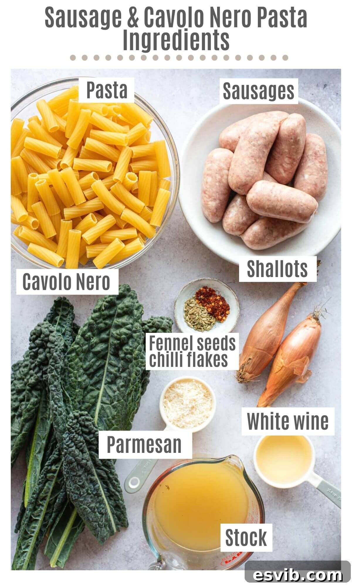 An overhead shot of all the ingredients you need to make sausage and cavolo nero pasta