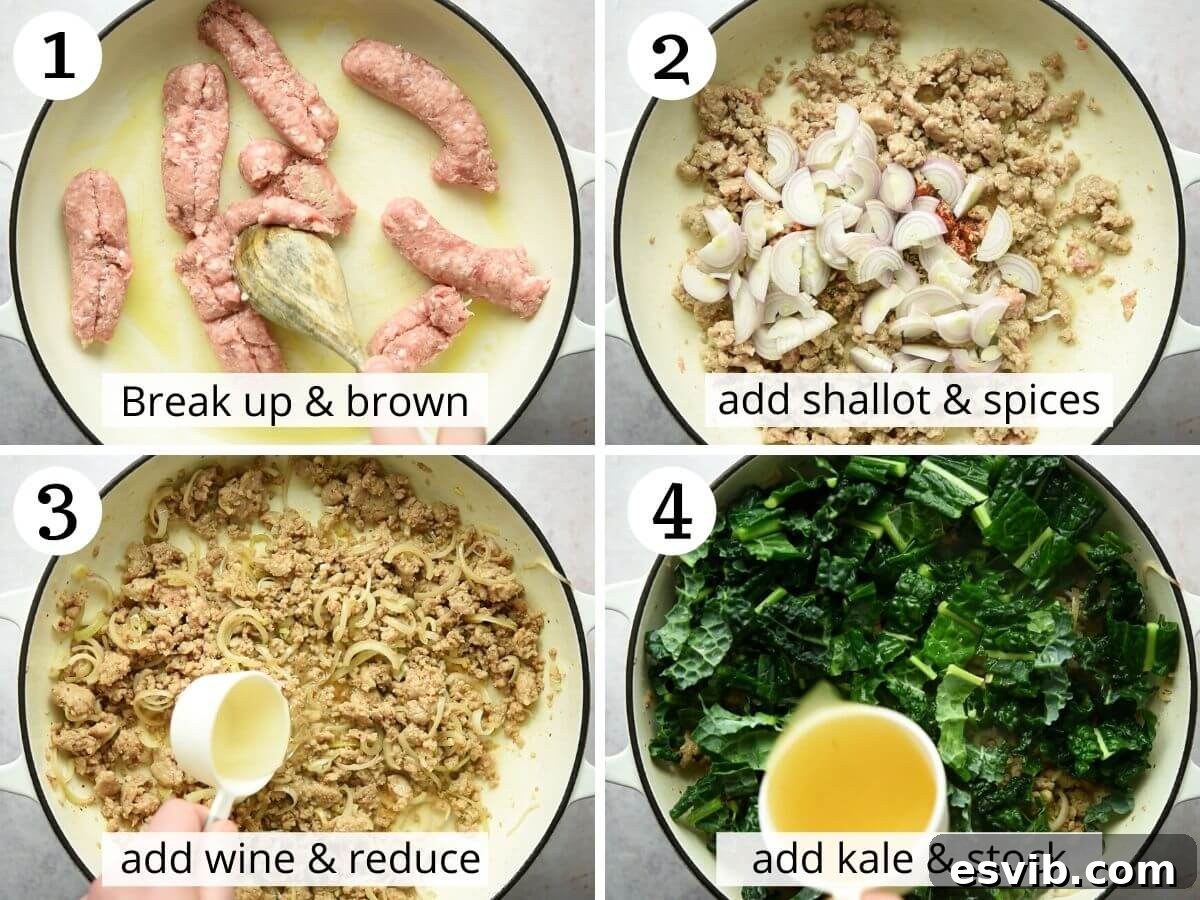 Step by step photos showing how make a sausage and cavolo nero pasta sauce