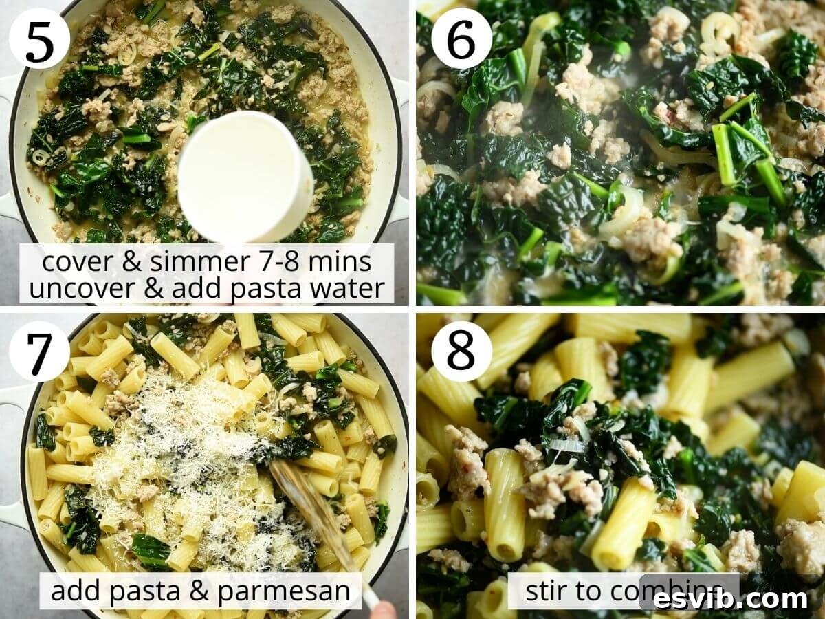 Step by step photos showing how to cook kale to make a pasta sauce