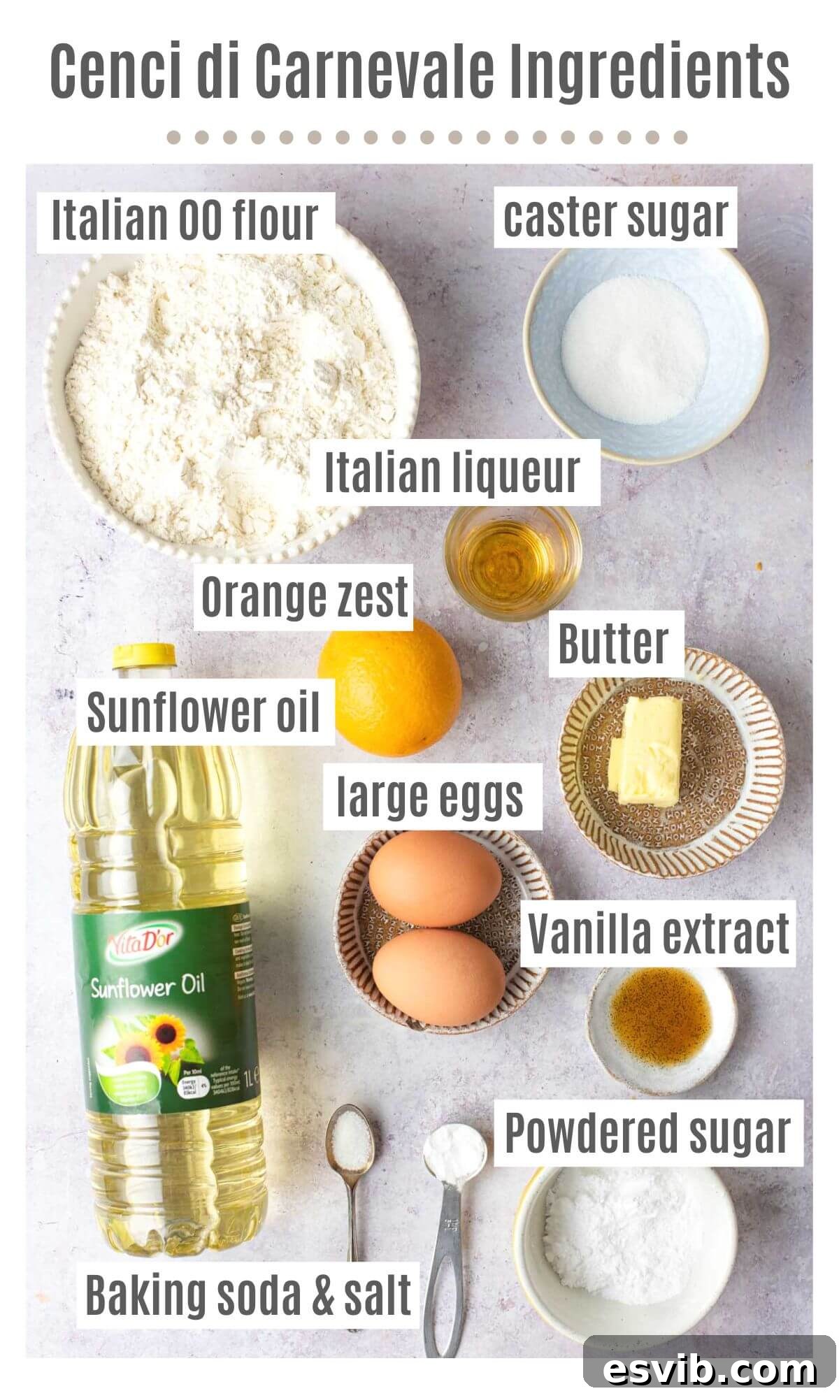 Italian Carnival Ribbons: Golden Fried Delights 3 An overhead shot of all the ingredients needed to make traditional Italian carnival pastries, Cenci di Carnevale, neatly arranged for photography.